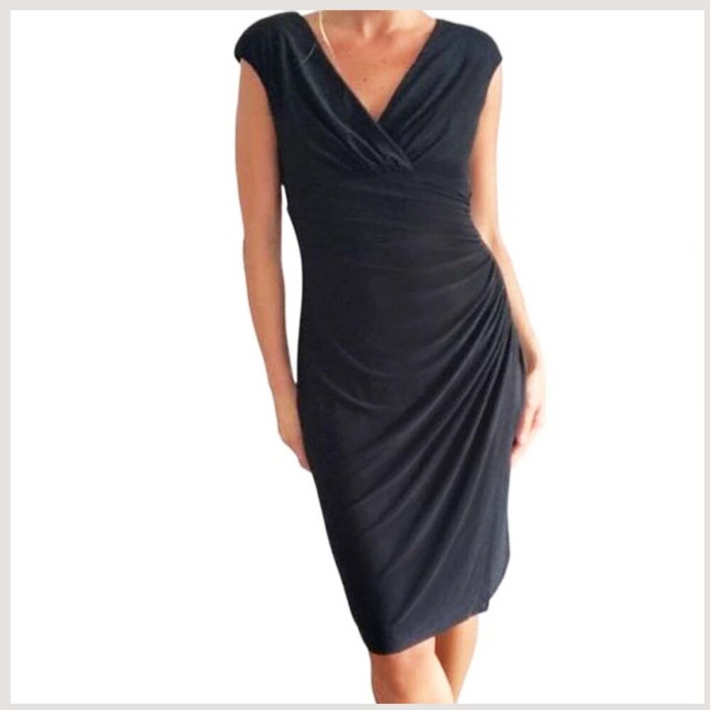 Lauren by Ralph Lauren Black Ruched Faux Wrap Dress Size 2P
